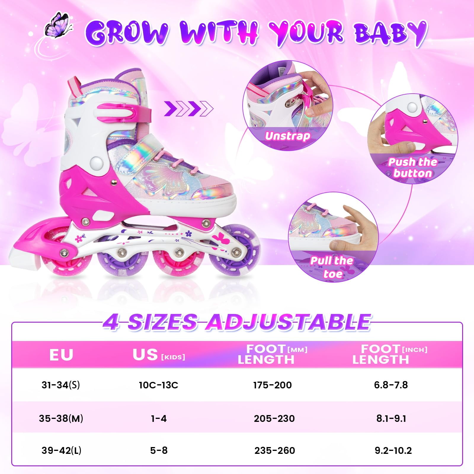 MammyGol Adjustable Inline Skates for Kids - Butterfly Design Youth Roller Skates with Safety Brake, Breathable Liner(Rose, Sizes 1-4 Adjustable)