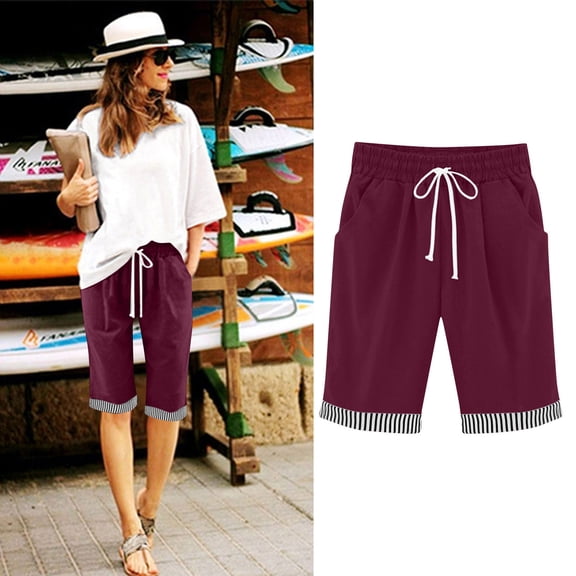 KIHOUT Women's Knee-Length Cotton Shorts - 100% Cotton, Elastic Drawstring Waist, Striped Cuffs, Side Pockets for Casual, Beach & All-Season Wear