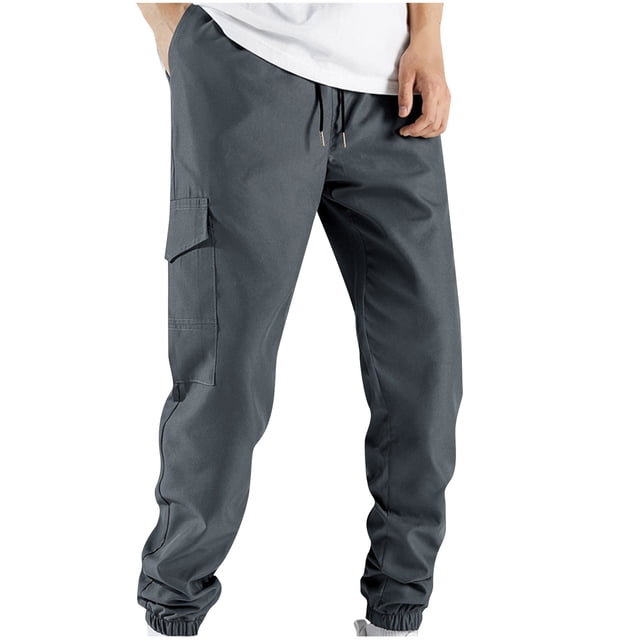 Bowake Cargo Pants for Men Drawstring Elastic Waist Straight Leg Joggers Casual Outdoor Workout Trouser with Pockets