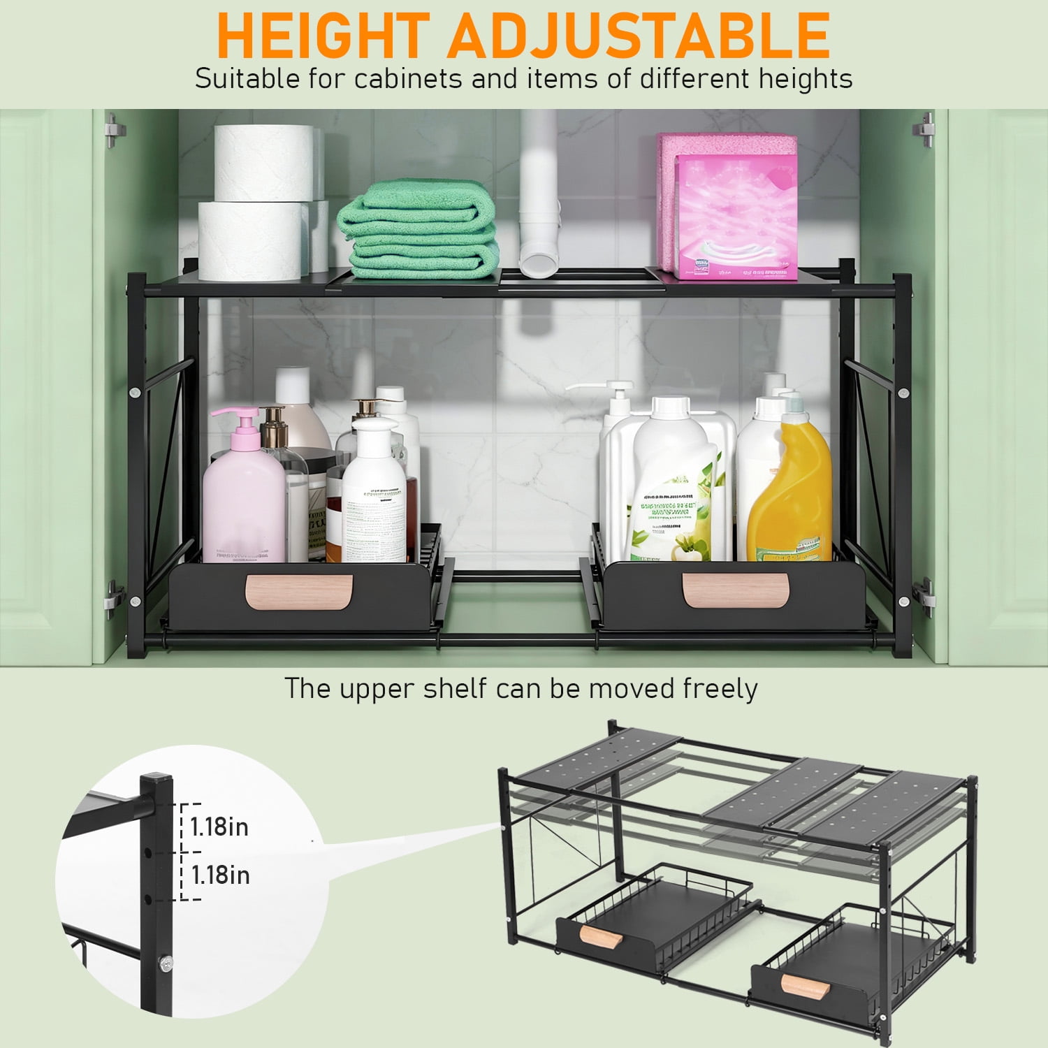 2 Tier Under Sink Organizer and Storage, Expandable Length 21.5"-31.8", Height Adjustable, 2 Sliding Drawers & Movable Top Shelves, for Bathroom & Kitchen, Black