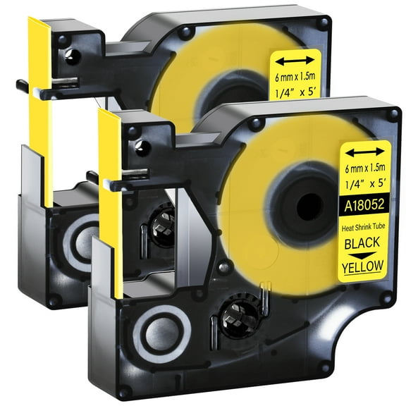 GREENCYCLE 2PK Industrial Rhino Heat Shrink Tubes Compatible for Dymo 18052 Black on Yellow Cable Label Tape (6mmx1.5m,1/4''x5ft) Use in DYMO Rhino Pro 1000 3000 4200 5000 5200 6000 Label Maker