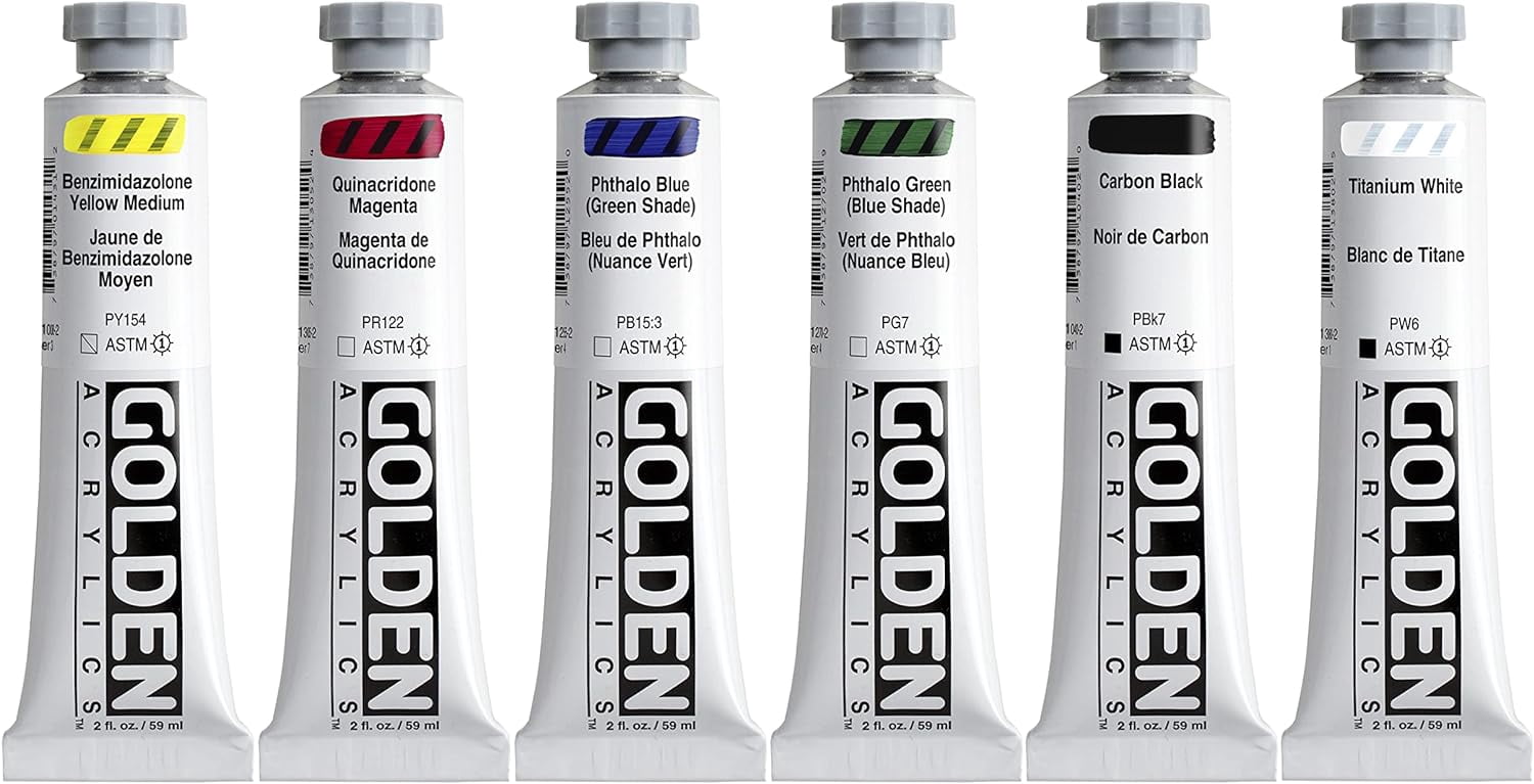 Golden Heavy Body Artist Acrylic Set - Set of 6, Essential Colors, 59 ml Tubes