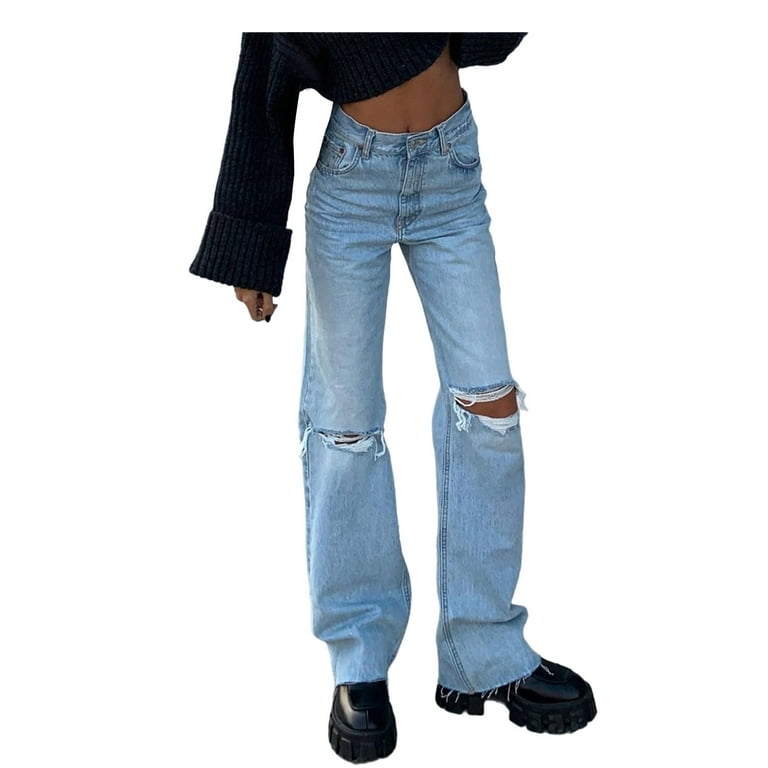 Denim Pocket Elastic Waist Trousers High Hole Jeans Button Women Pants  Loose Women's Jeans Jean Blouses for Women plus Size plus Jean Skirts for  Women