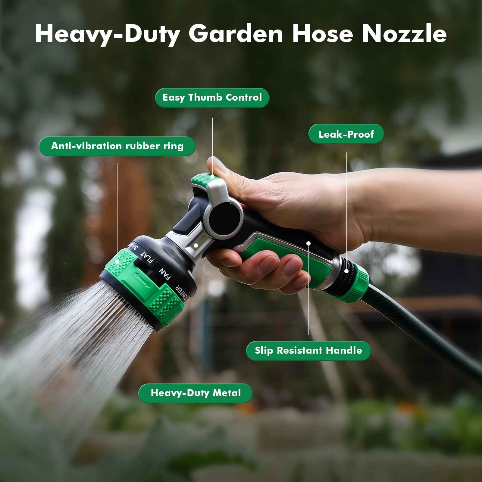 Restmo 100% Metal Heavy Duty Garden Hose Nozzle, 9 Spray Patterns, Patent 2-Way Water Patterns, Leak-Proof Thumb Control for Lawn & Yard Watering