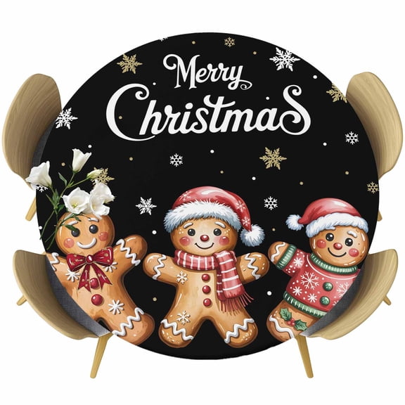 Gingerbread Black Round Tablecloth, Fitted Table Cover with Elastic for 45"-54" Round Tables, Christmas Winter Snowflake Table Cloth Outdoor Indoor Dinning Party Waterproof Tablecloths