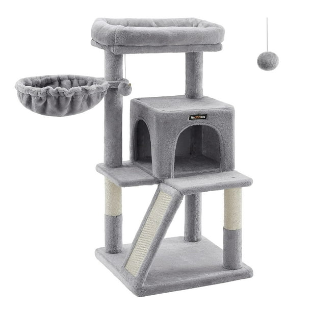Árbol de Gatos, Torre para Gatos Grandes, con Plataforma Grande, 2 Puertas, Pompón, Gris Claro
