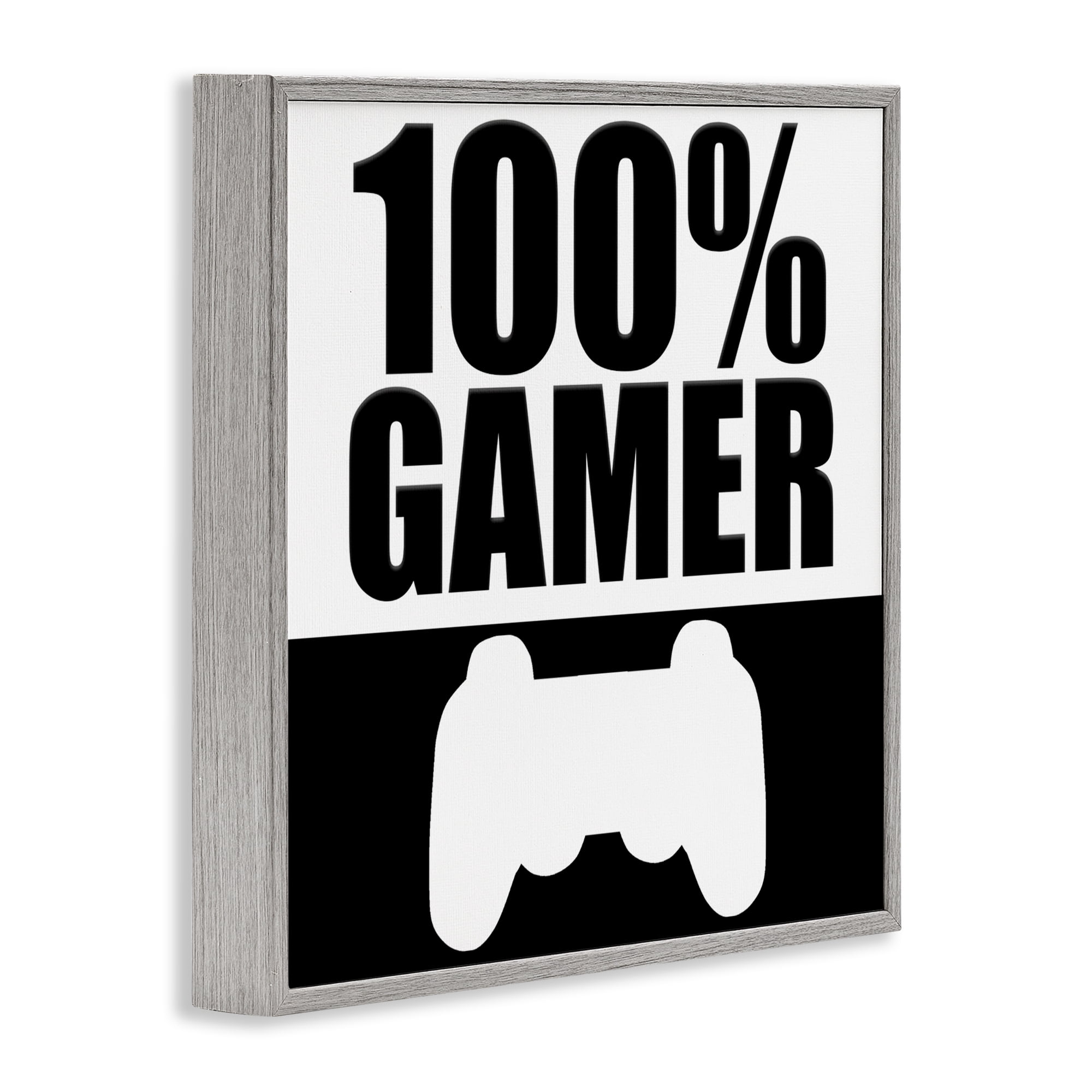 100% Gamer Black & White Gray Framed Giclee Art, design by Kim Allen