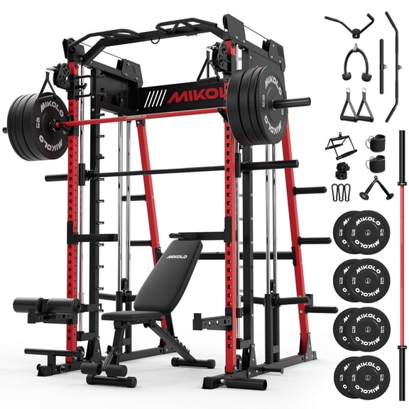 Mikolo M4 2.0 Smith Machine, Complete Starter Home Gym Package, 2200 lbs Power Rack with 230LBS Plates, Baerbell and Weight Bench, Total Body Strength Training Cage