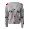 thumbnail image 6 of Women's Cardigan Sweater Strawberry Embroidered V-Neck Long Sleeve Knit Cardigan Gray M, 6 of 7