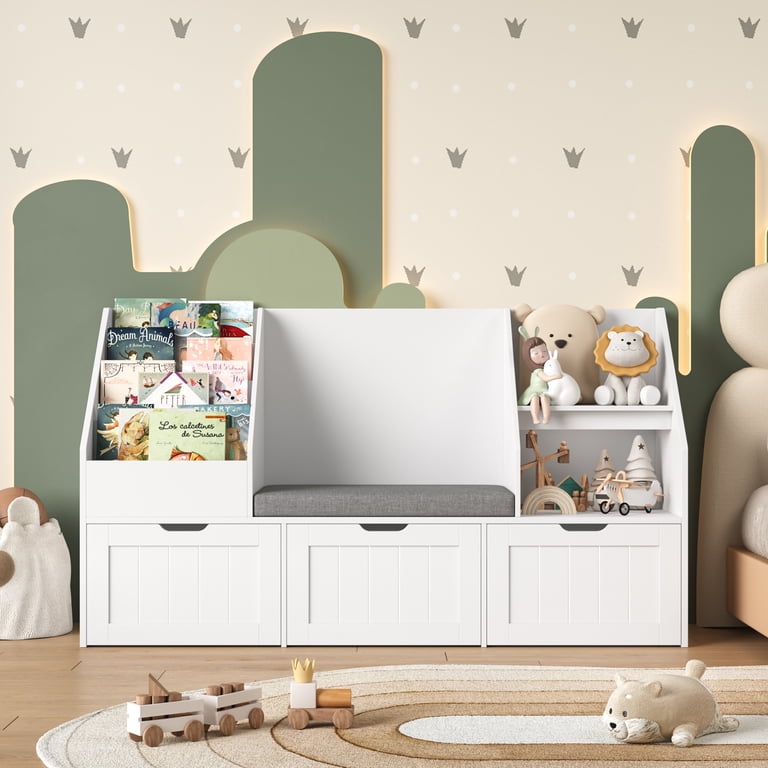 Homfa Kids Bookshelf with Reading Nook, 3 Movable Drawers, 2 Cube