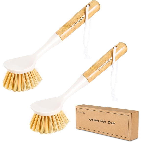 Juego de 2 cepillos para platos de cocina FunCee con mango de bambú, color blanco