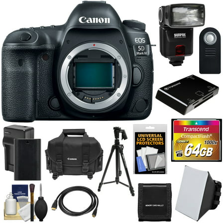 Canon EOS 5D Mark IV 4K Wi-Fi Digital SLR Camera Body with 64GB CF Card + Battery & Charger + Case + Tripod + Flash + Soft Box + (Best Cf Card For Canon 5d Mark Iii)