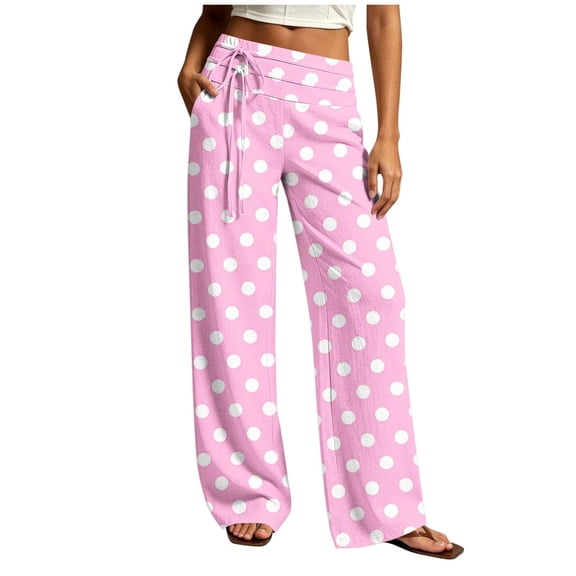 hoksml Women's Polka Dot Wide Leg Pants Fold Over Drawstring High Waist Casual Everyday Trousers