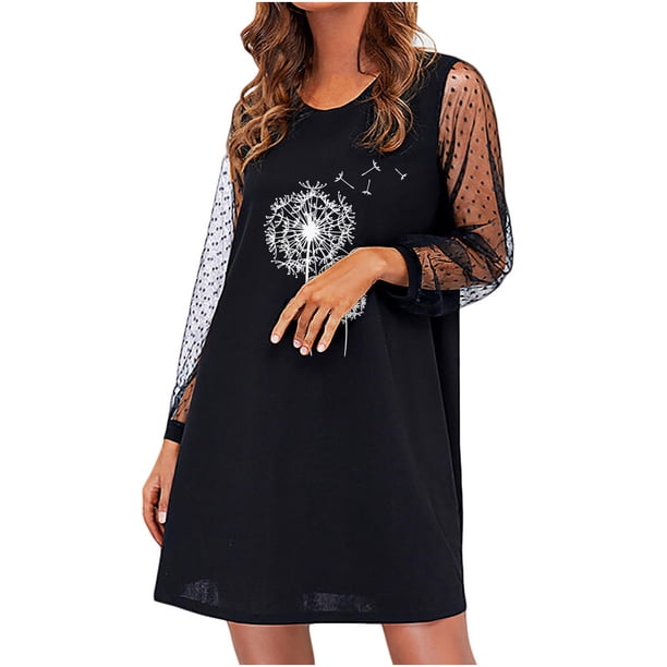 Moda mujer otoño cuello redondo ahueca hacia fuera la impresión suelta cómodo vestido de manga larga Fridja NMB1977