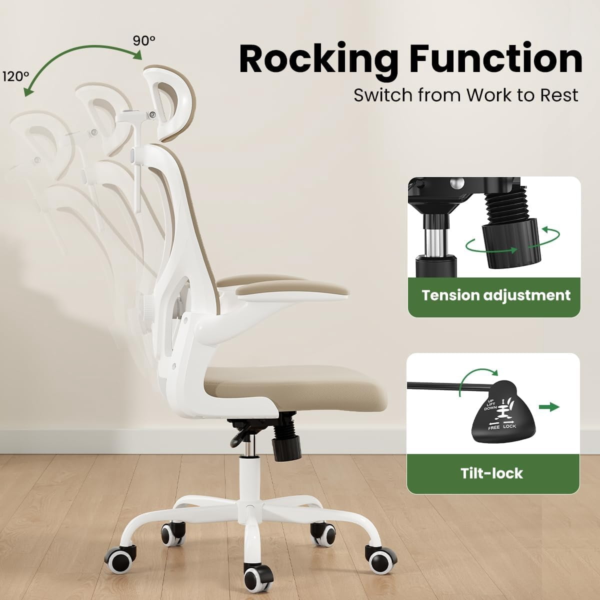 STARY Ergonomic Office Chair, Computer Chair with Adjustable Lumbar Support, Flip-up Arms and Headrest, Breathable Mesh Desk Chair for Home Office, White & KAKI