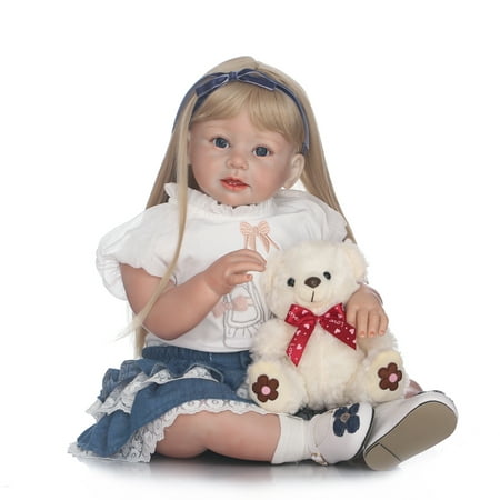 Silicon Reborn Toddler Doll Baby Doll Girl With Long Straight Golden Hair Clothes Wig Boneca 28inch 71cm Lifelike Cute Gifts Toy
