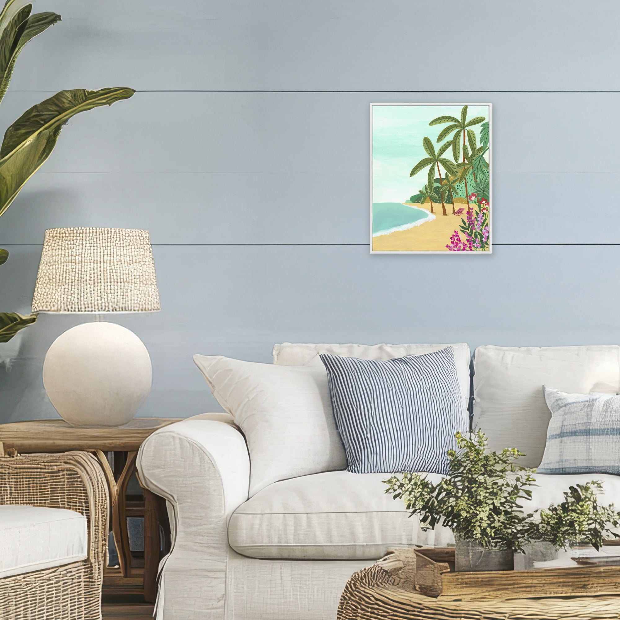 Palm Filled Shoreline White Framed Giclee Art, design by Nabeela Rumi