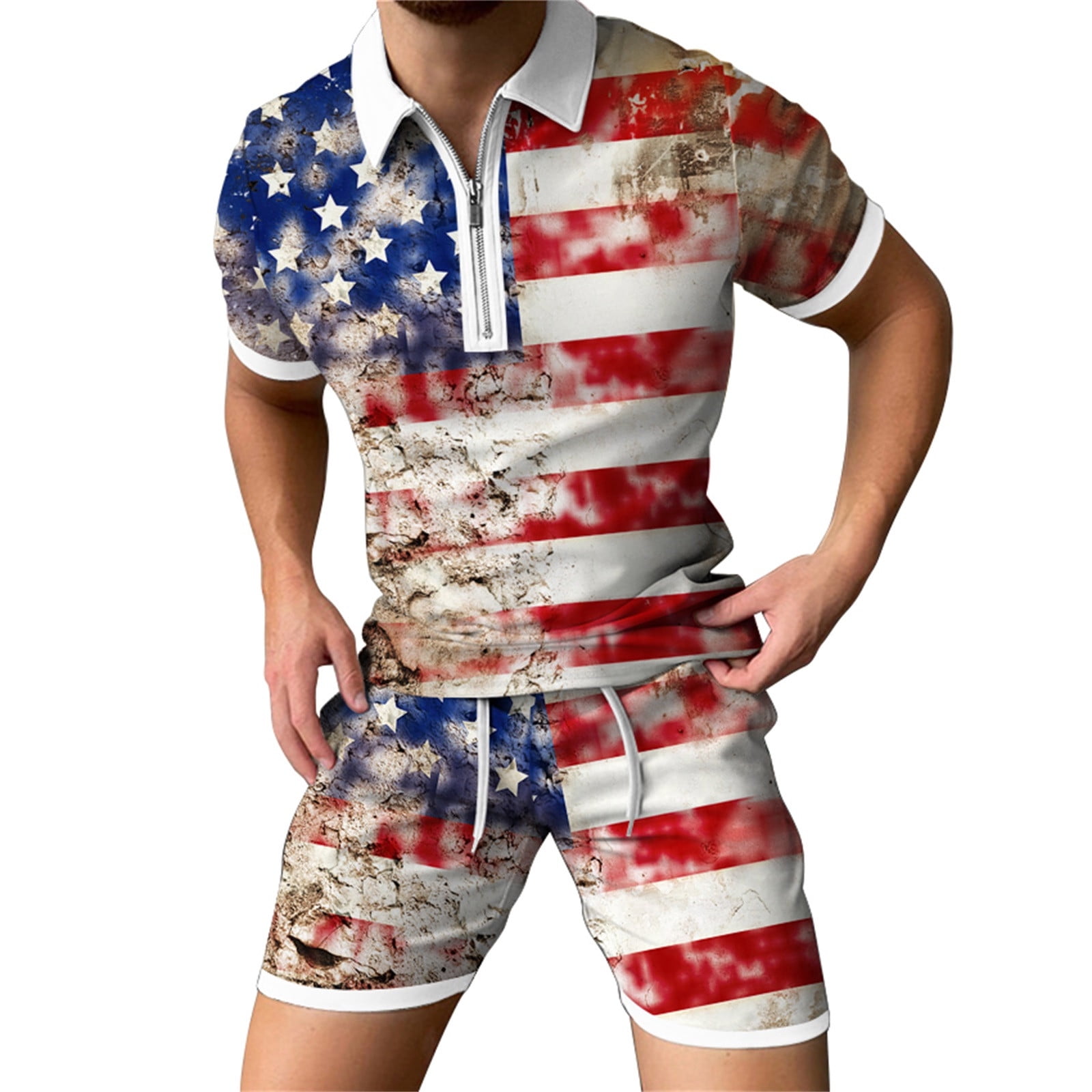 Zipper Polo Tshirt Tops with Shorts Set for Mens 4th of July Patriotic ...