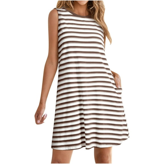 Casual Striped Tank Dress for Women Sleeveless Round Neck Relax Fit Going Out A Line Beach Sundress with Pockets