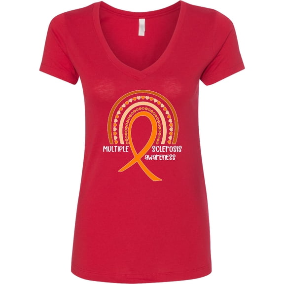 Inktastic Multiple Sclerosis Awareness Orange Ribbon Rainbow Women's V-Neck T-Shirt