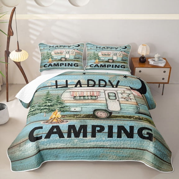 Erosebridal Happy Camping Twin Quilt Set, Teal Farmhouse Lodge Cabin Twin Coverlet Set, 2pcs 1 Bedspread and 1 Pillowcase
