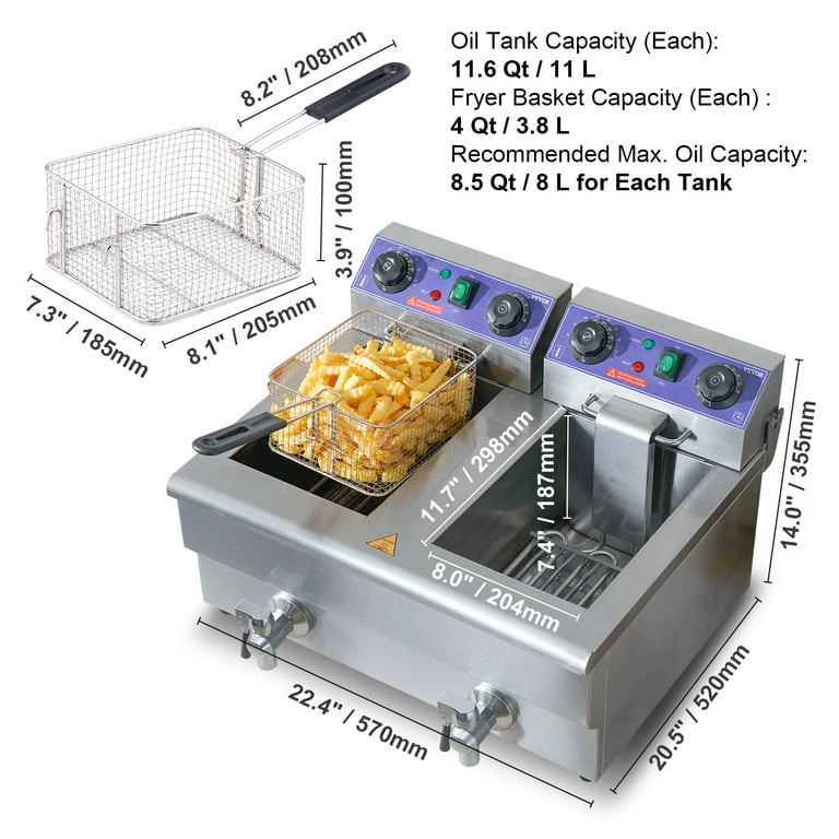 BENTISM Commercial Electric Deep Fryer Countertop Deep Fryer Dual  Detachable Tanks