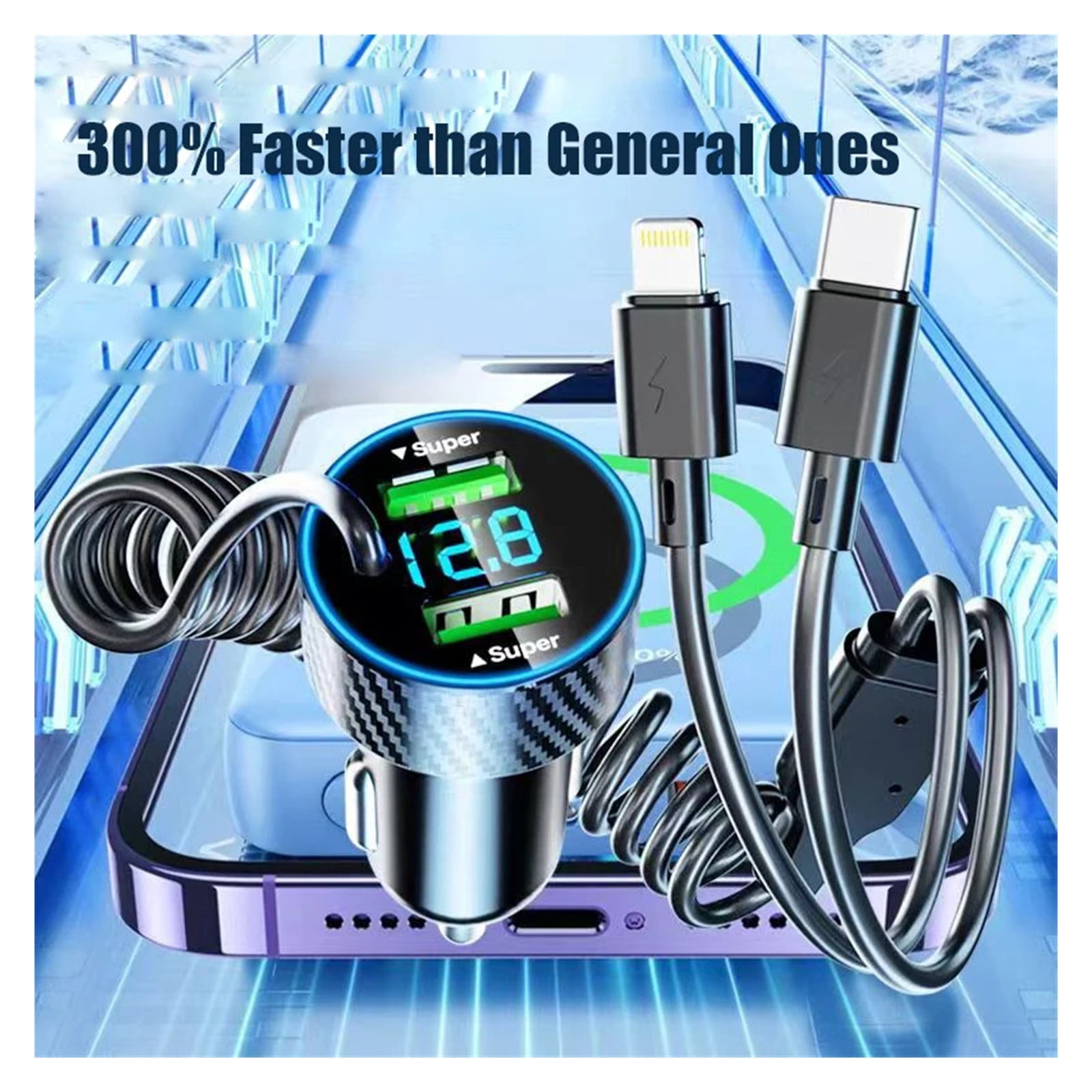 4 in 1 Dual Port USB Car Phone Charger Type C with Retractable Cable Super Fast Charging Adapter