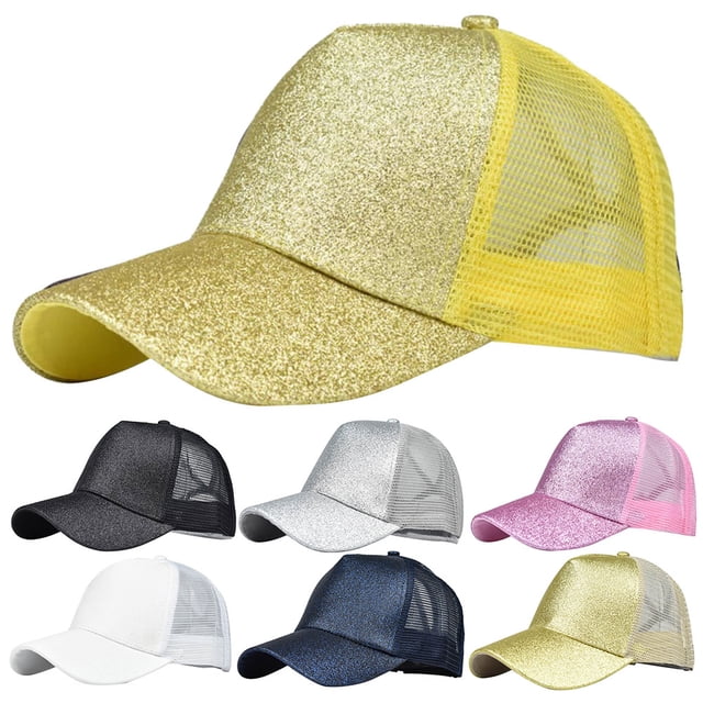 Femmes Été Bling Bling Anti UV Mesh Gliter Queue de Cheval Chapeau Réglable Sport Extérieur Casquette de Baseball