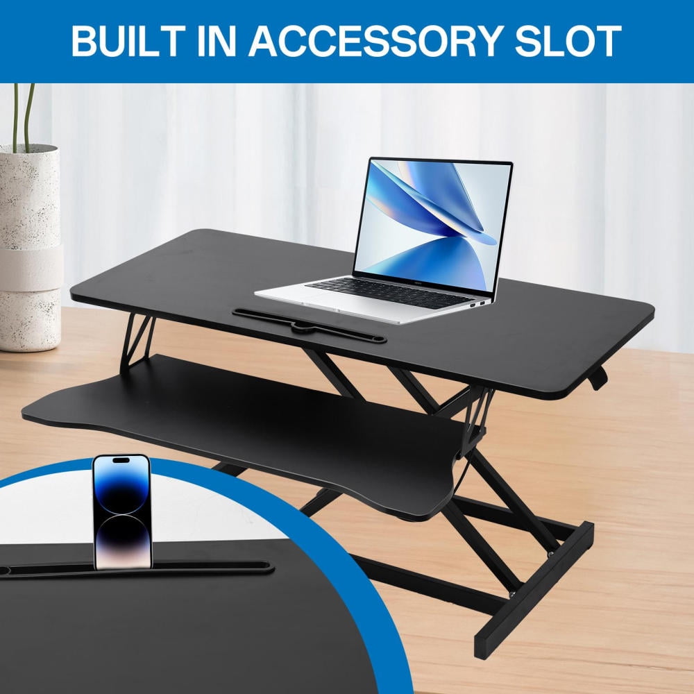 Flroha Standing Desk Converter 37inch, Height Adjustable Sit Stand Desk Riser, Quick Sit to Stand Tabletop Dual Monitor Riser Workstation for Home Office with Keyboard Tray, Black