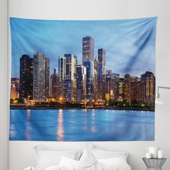 Chicago Skyline Tapestry, Sunset in Big City with Dramatic Sky Skyscrapers Evening by Lake, Fabric Wall Hanging Decor for Bedroom Living Room Dorm, 5 Sizes, Blue Orange Taupe, by Ambesonne