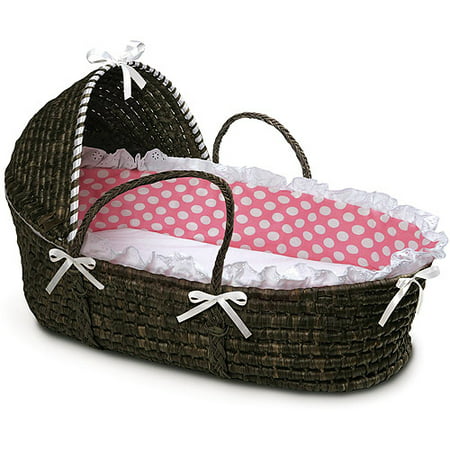 Badger Basket - Espresso Moses Basket with Hood and Pink Polka Dot Bedding