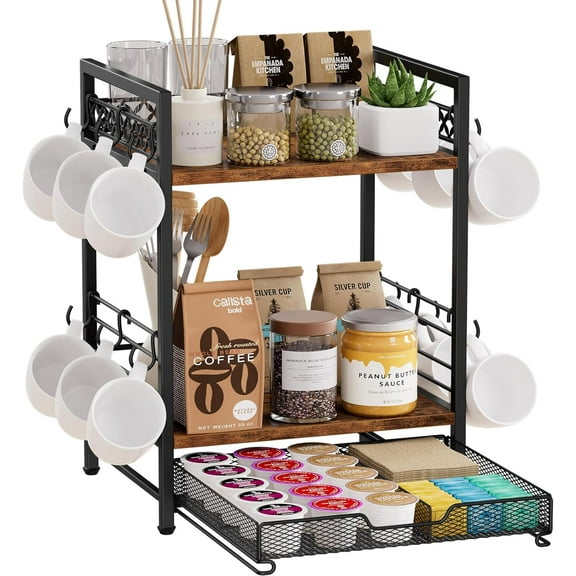 Coffee Bar Organizer Counter top, 3 Tier Mug Cup Holder Stand with 12 Hooks, 25 K Cup Coffee Pod Drawer with Mug Rack, Multi functional Shelf for Accessories Kitchen