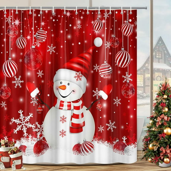 Red Christmas Shower Curtain, Cute Snowflake Snowman Christmas Shower Curtains for Bathroom, Merry Xmas Christmas Fabric Shower Curtain Set, Glitter Baubles Merry Christmas Bathtubs Decor 70X70IN