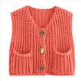 thumbnail image 2 of Cárdigan Corto de Punto Sin Mangas para Mujer 2025, Suéter Informal de Crochet con Botones y Bolsillos Naranja M, 2 of 10