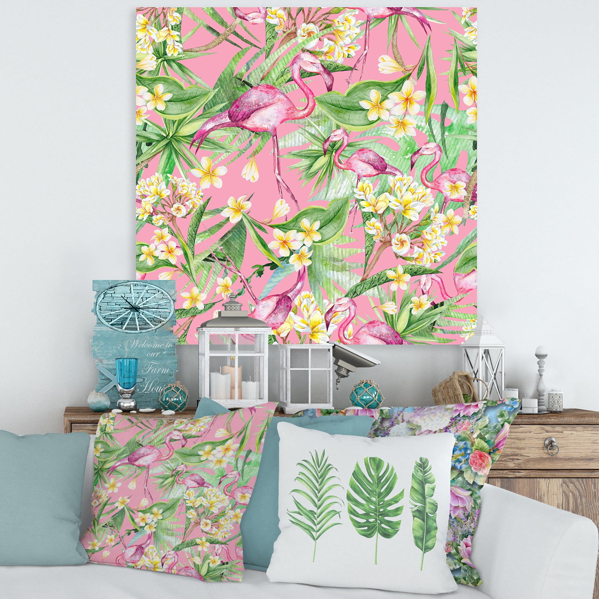 Yellow Flowers, Tropical Foliage With Flamingo III 30 in x 30 in Painting Canvas Art Print, by Designart