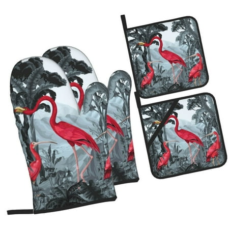 

Zufioo Flamingo On The Jungle Oven Mitts and Pot Holders 4pcs Set Kitchen Oven Glove High Heat Resistant 500 Degree Extra Long Oven Mitts for Kitchen Baking Cooking