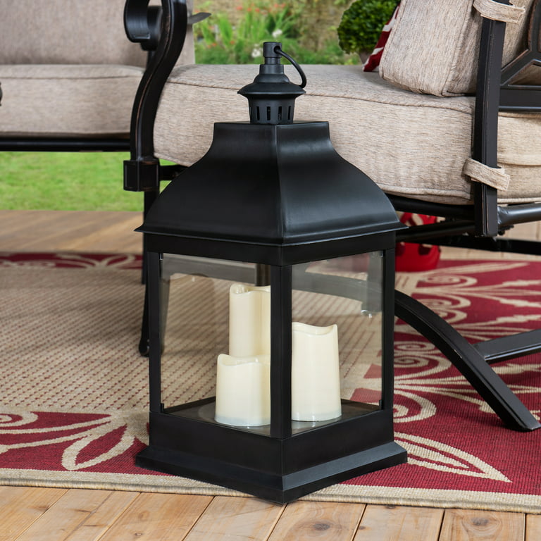 9 LED Battery Operated Black Lantern with Flameless Candle 