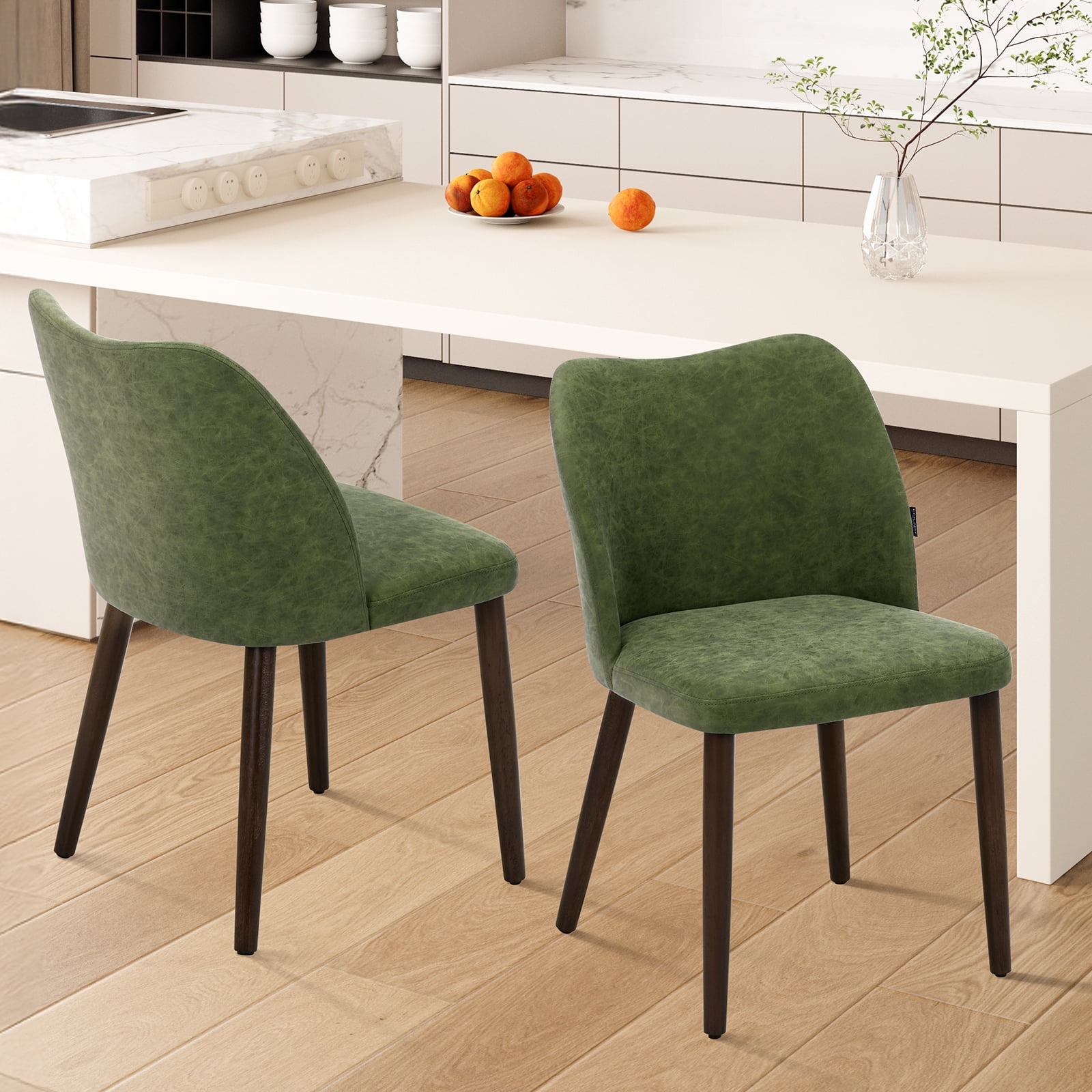 EOP Upholstered Dining Chairs Set of 2, Mid Century Modern Dining Room Chairs, Fabric Farmhouse Dining Side Chairs with Wood Legs, Armless Kitchen Chairs with Wingback, Green