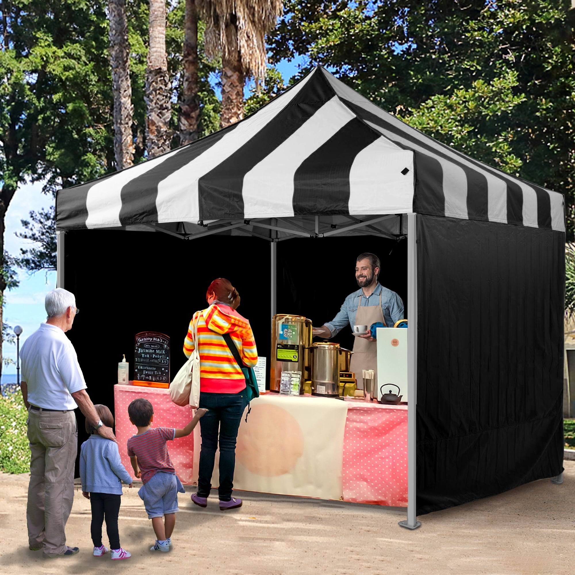 VentuLodge 10x10 Pop up Canopy Tent with Sidewalls, Commercial Grade Heavy Duty Canopy with Striped Top, Black