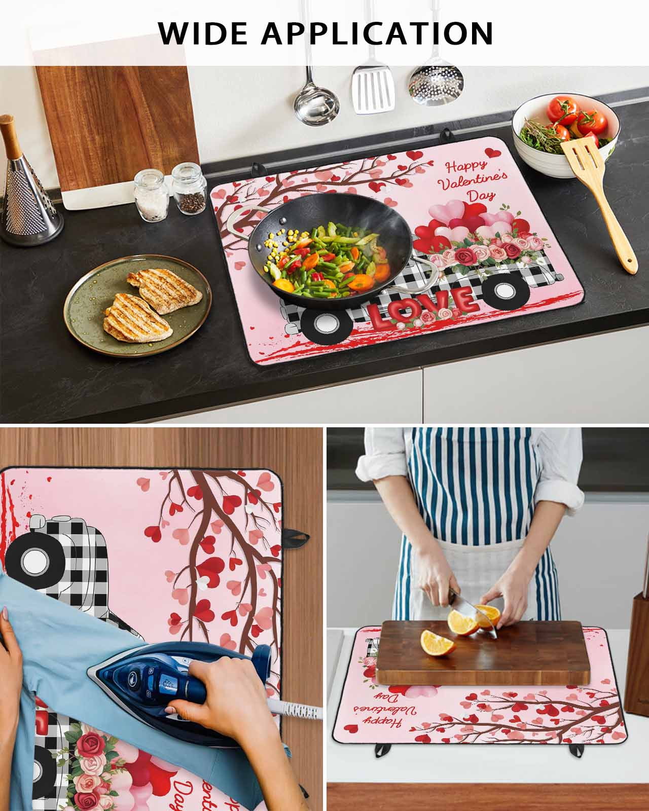 Large Induction Cooktop Protector Mat Valentine's Day Stove Top Covers for Electric Stove, Ombre Pink Love Tree Truck Roses Plaid Decorative Stove Burner Cover Mats, Glass Top Stove Cover