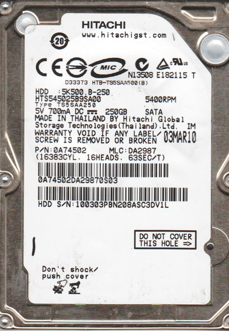 hts542516?K9sa00、PN 0?a54924、MLC da2128、Hitachi 160?GB SATA 2.5ハードドライブ HTS542516K9SA00, PN 0A54924, MLC DA2128, Hitachi 160GB SATA