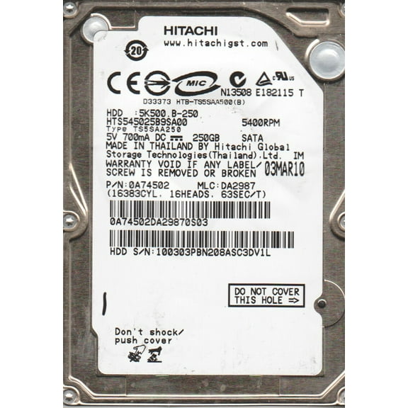 HTS545025B9SA00, PN 0A74502, MLC DA2987, Hitachi 250GB SATA 2.5 Hard Drive