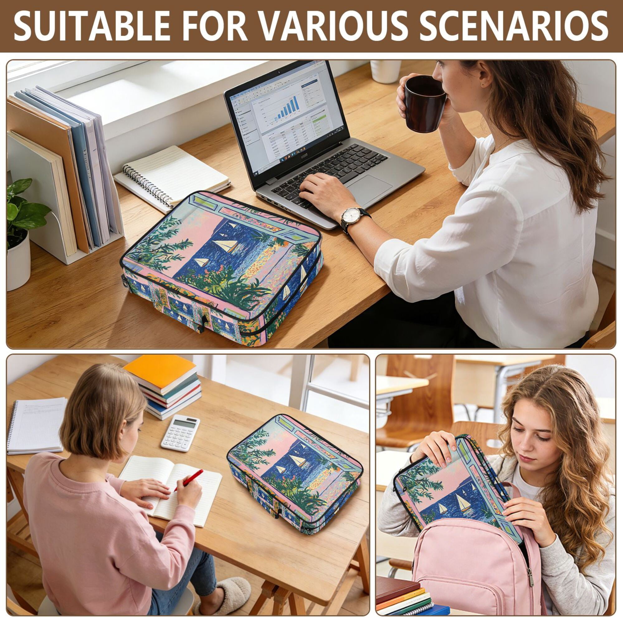 FORMRS Accordion File Folder A4 Size 7-Pocket Expanding Document Organizer Bag with 3 Ring Binder, Colorful Seaside