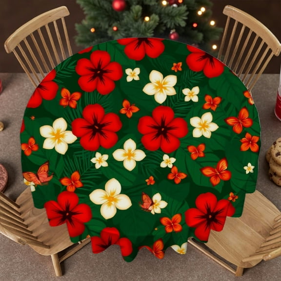 RKSupls 60 Inch Round Tablecloth, Red Hibiscus Floral Polyester Table Cover - Soft, Stain Resistant & Washable Decor for Wedding, Party, Holiday, Home Dining
