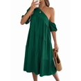 thumbnail image 3 of Women One Shoulder Beach Vacation Casual Puff Sleeve Tiered A Line Flowy Sun Dress Green M, 3 of 9