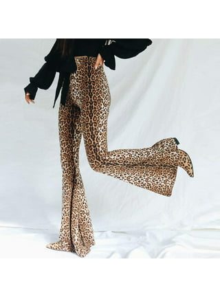 Women High Waist Flare Pants Leopard Plaid Wide Leg Bell Bottom Trousers  Pant Clothes 