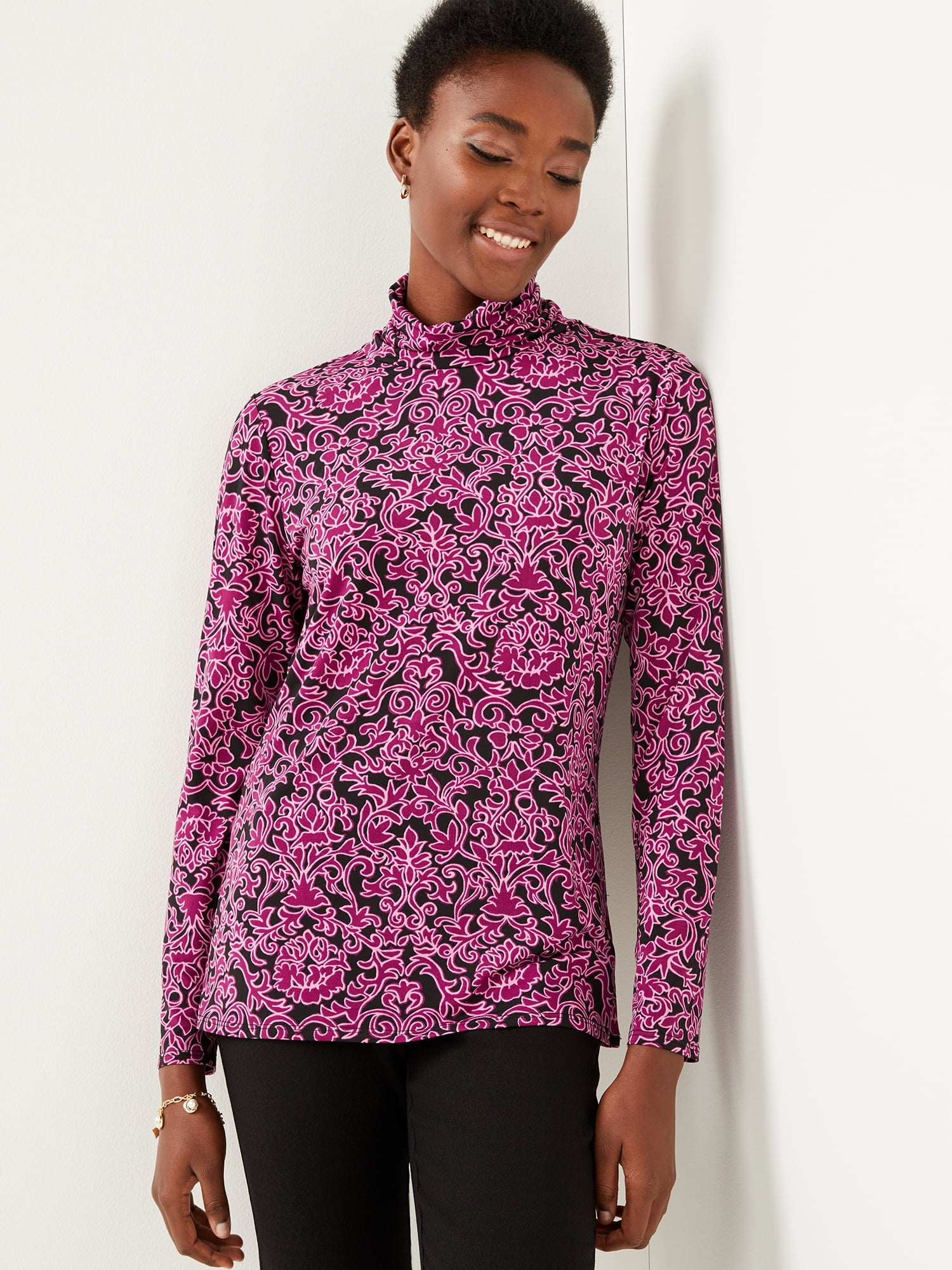 Print Turtleneck Top with Long Sleeves 