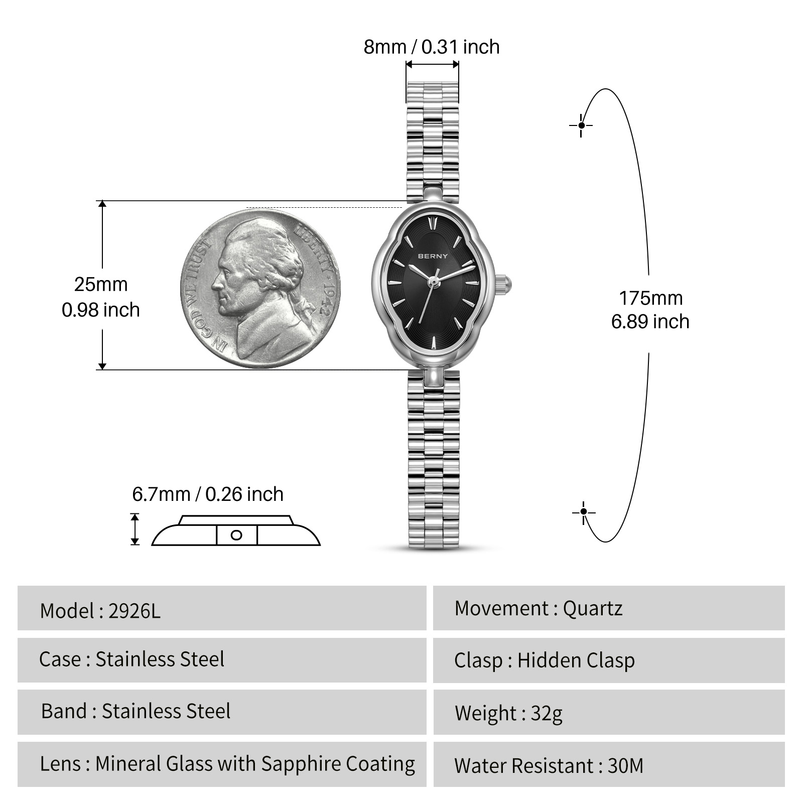 BERNY Small Silver Watches for Women Dainty Vintage Ladies Analog Quartz Bracelet Watch, Adjustment Tool Included Stainless Steel Waterproof, Fashion Luxury Womens Wrist Watches Gifts (Black)