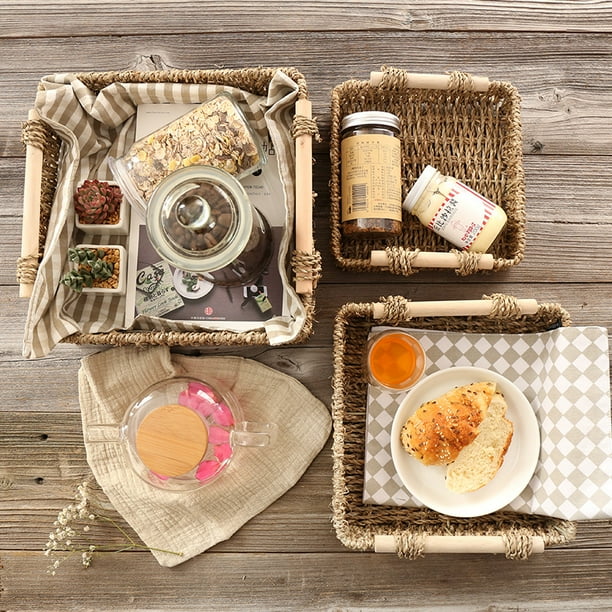 Cesta de almacenamiento de escritorio con mango de madera de paja, caja de almacenamiento para cosméticos de baño, cesta pequeña para almacenar algas marinas y bocadillos