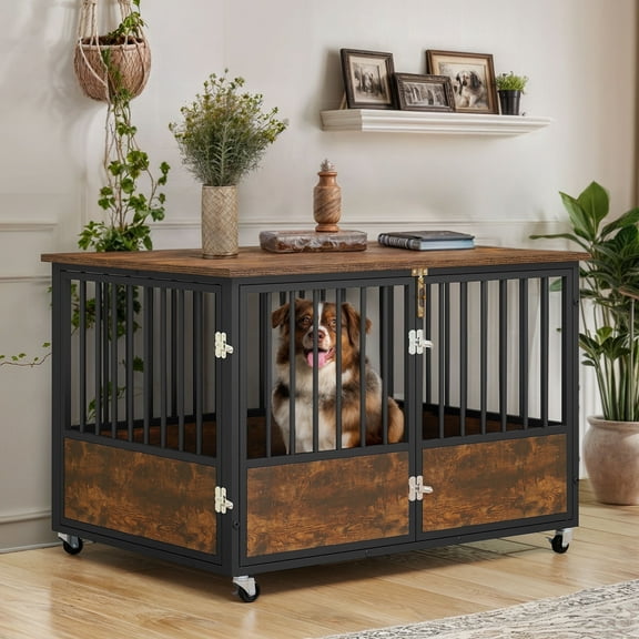 ModFusion 43" Metal Dog Crate Furniture Double Door Wheels Indoor Outdoor Kennel